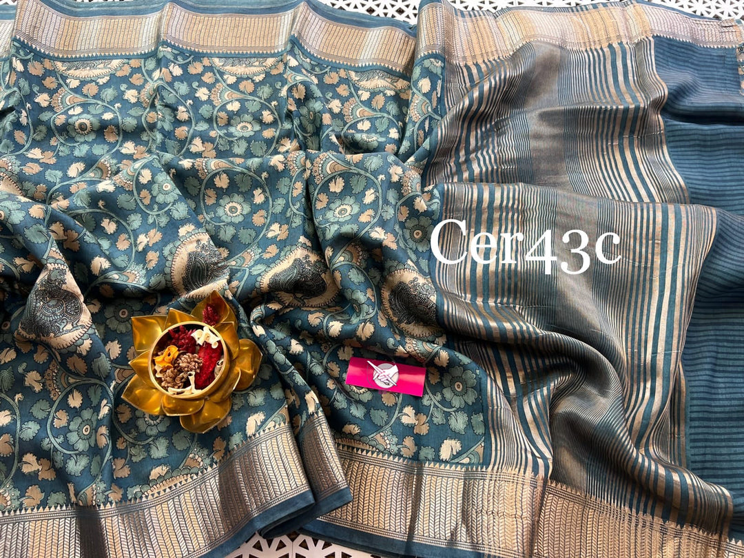 Tusser Soft Silk Sarees With Allover Kalamkari Digital Printed With Zari Border