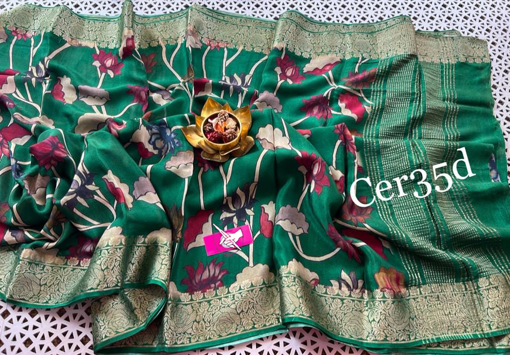 Designer Green Hand Printed Soft Silk Saree With Unstitched Blouse Piece