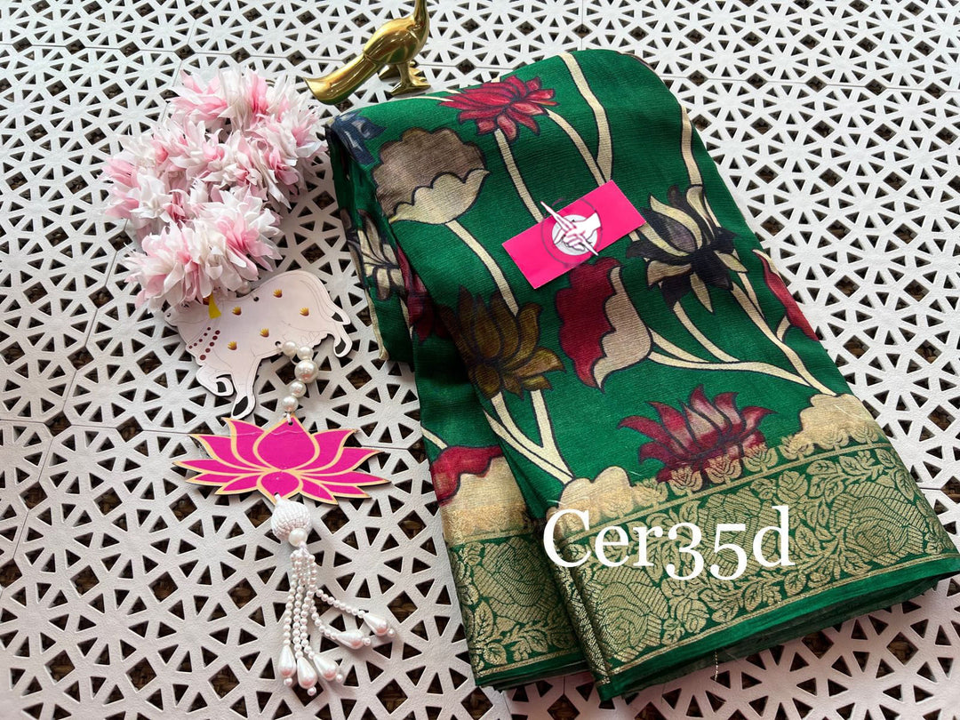 Designer Green Hand Printed Soft Silk Saree With Unstitched Blouse Piece