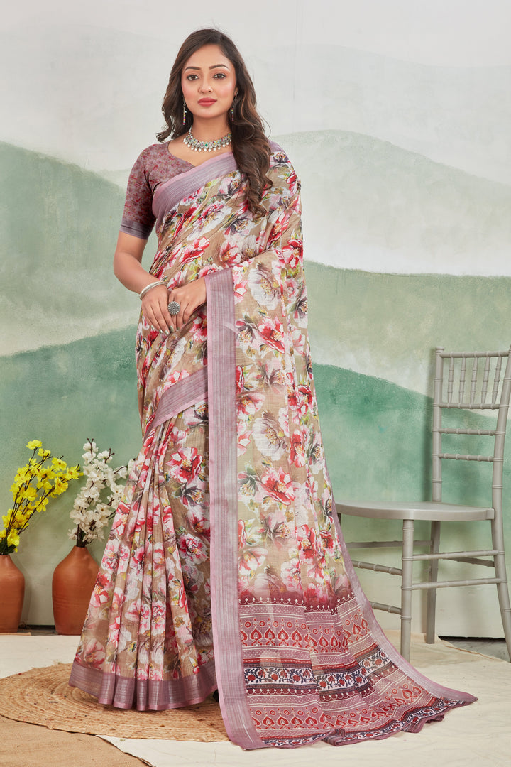 Pink Traditional Linen Printed Saree With Subtle Zari Detailing