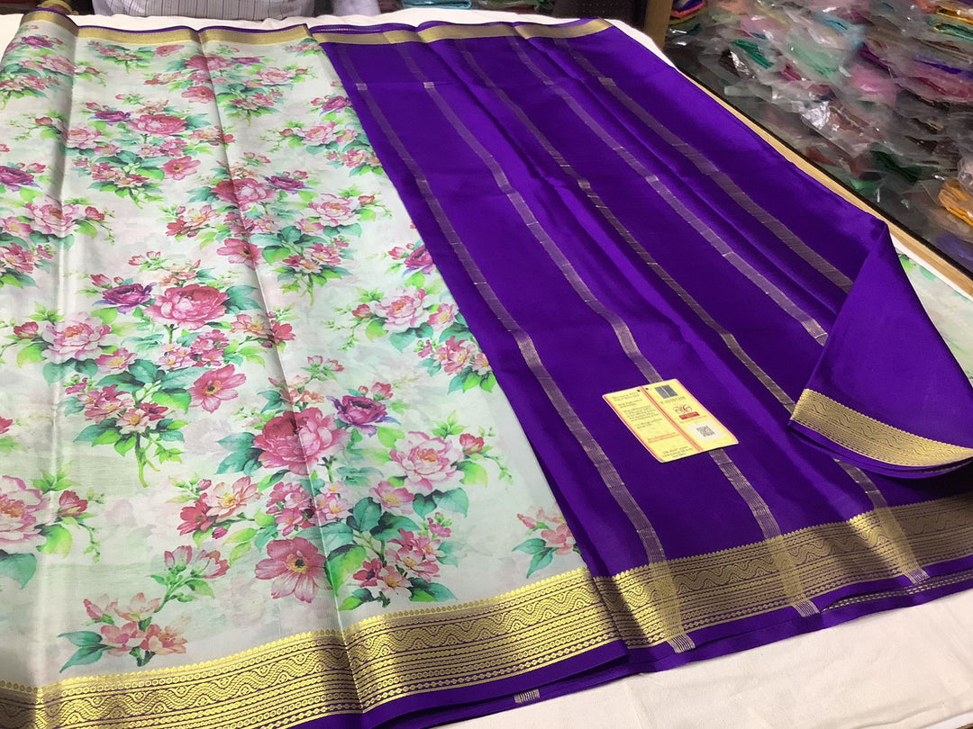 Festive Purple And White Mysore Soft Silk Saree Classic Zari Border For Special Occasions