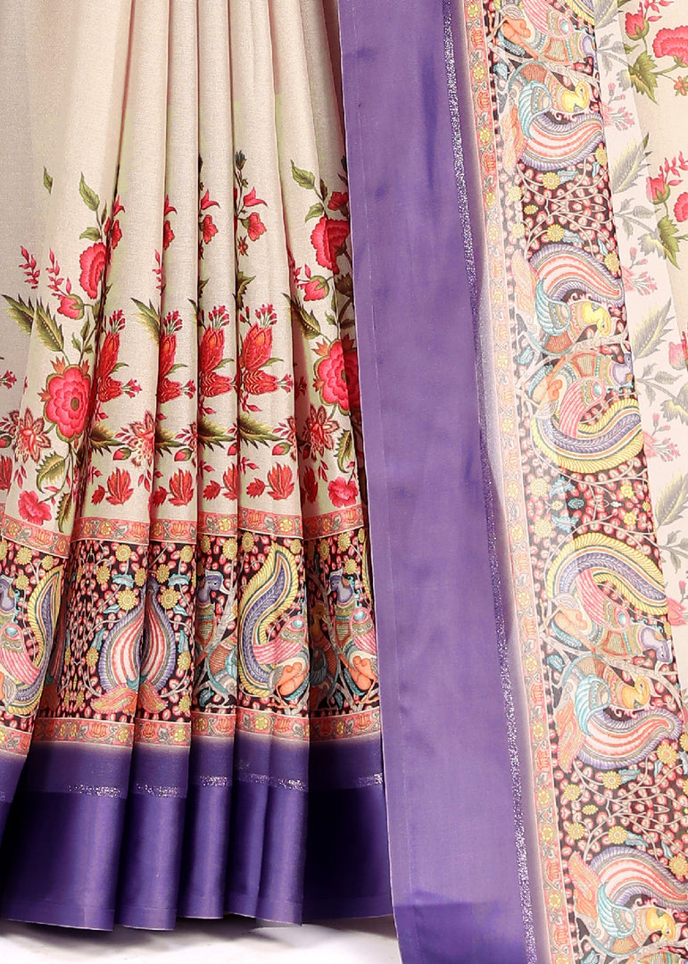 Off White Viscose Satin Digital Print Saree