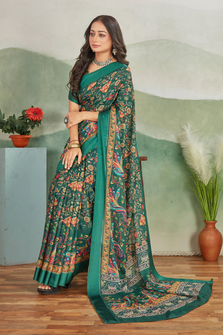 Dark Green Digital Print Saree With Unstitched Blouse
