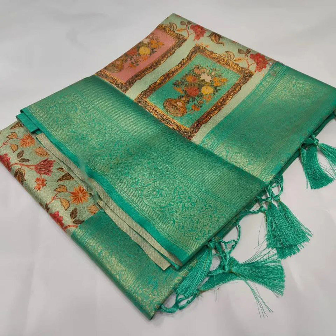 Festive Wear Sea Green Soft Silk Saree With Elegant Digital Work