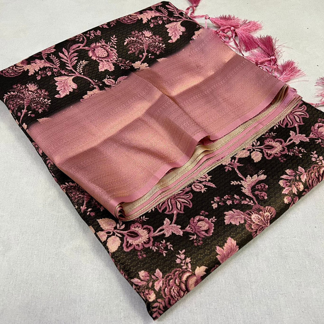 Chic Black Digital Printed Soft Silk Drape Saree