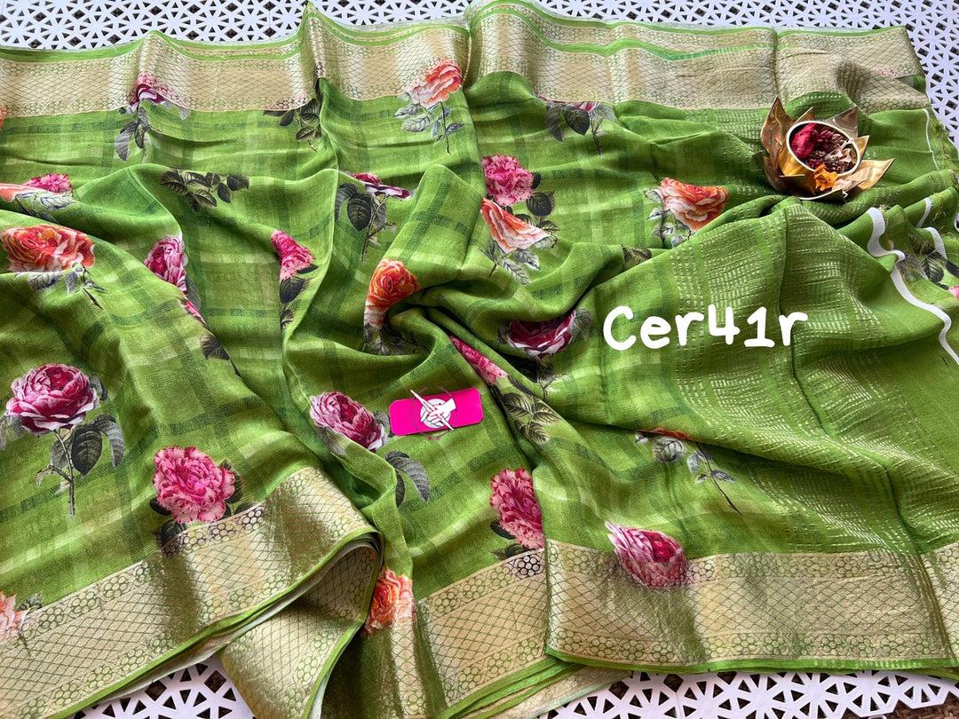 Designer Digital Print Saree Green Soft Silk With Classic Zari Border Work