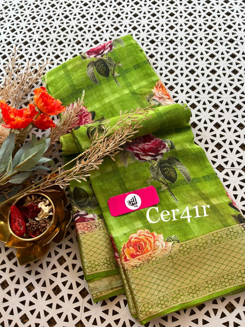 Designer Digital Print Saree Green Soft Silk With Classic Zari Border Work