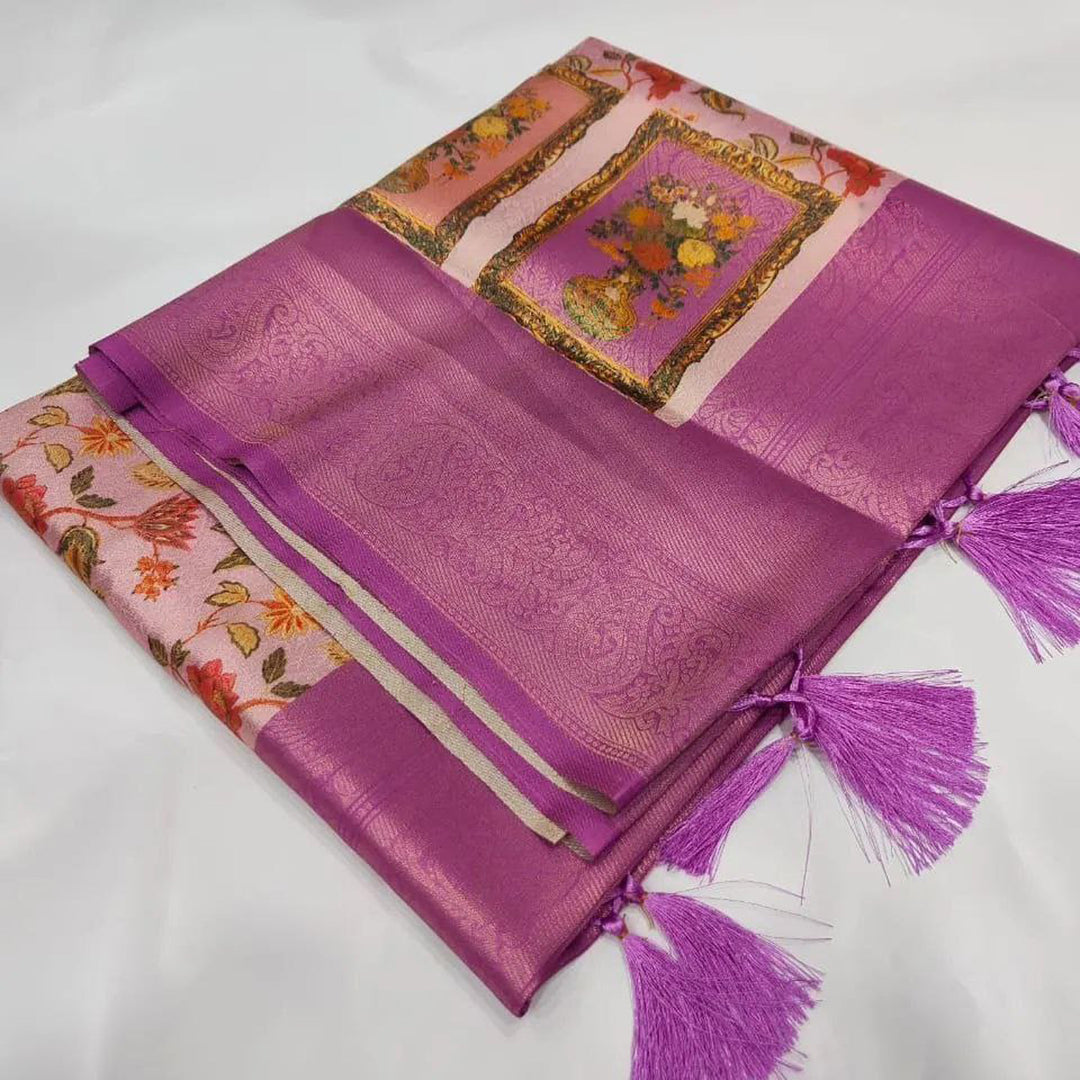 Reception Wear Soft Silk Lavender Color Digital Printed Rich Pallu Saree