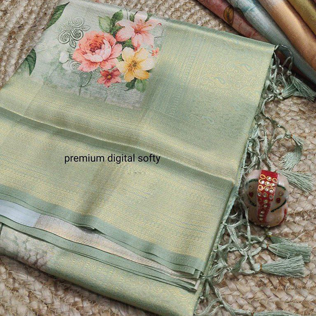 Sleek Sea Green Soft Silks Digital Printed Saree