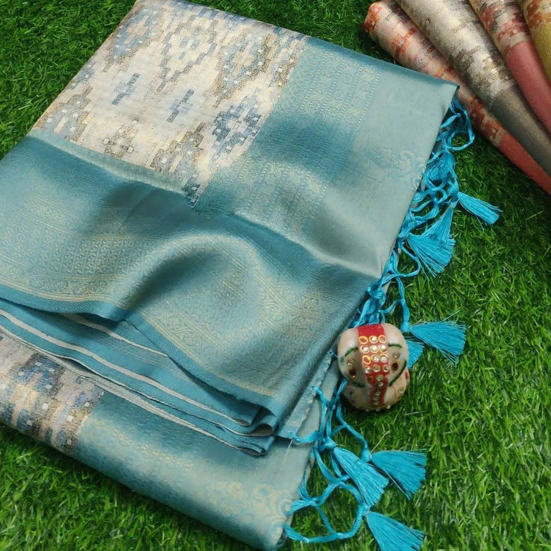 Sky Blue Color Digital Printed Function Wear Soft Silk Saree