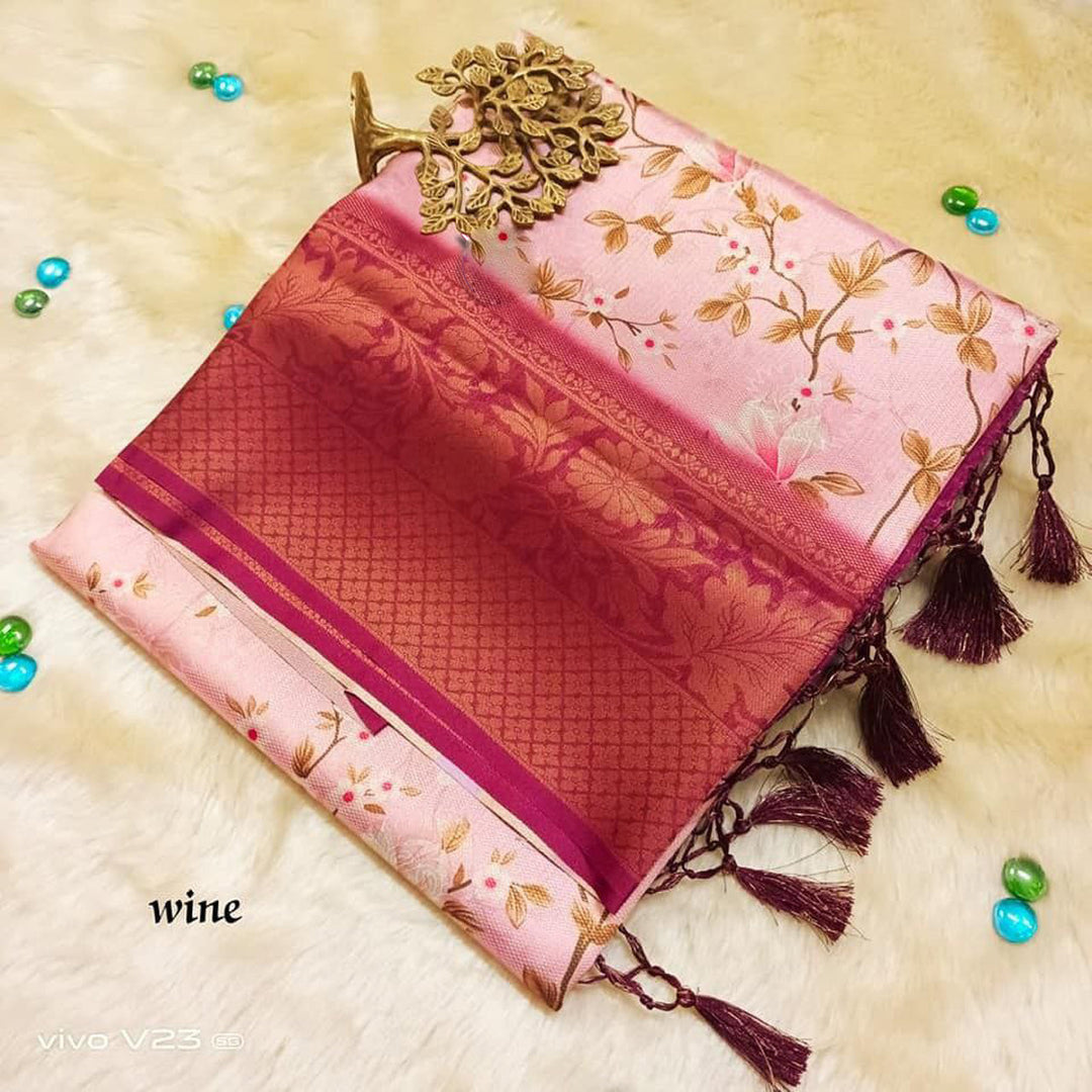 Vibrant Wine Soft Silk Saree With Digital Art Print