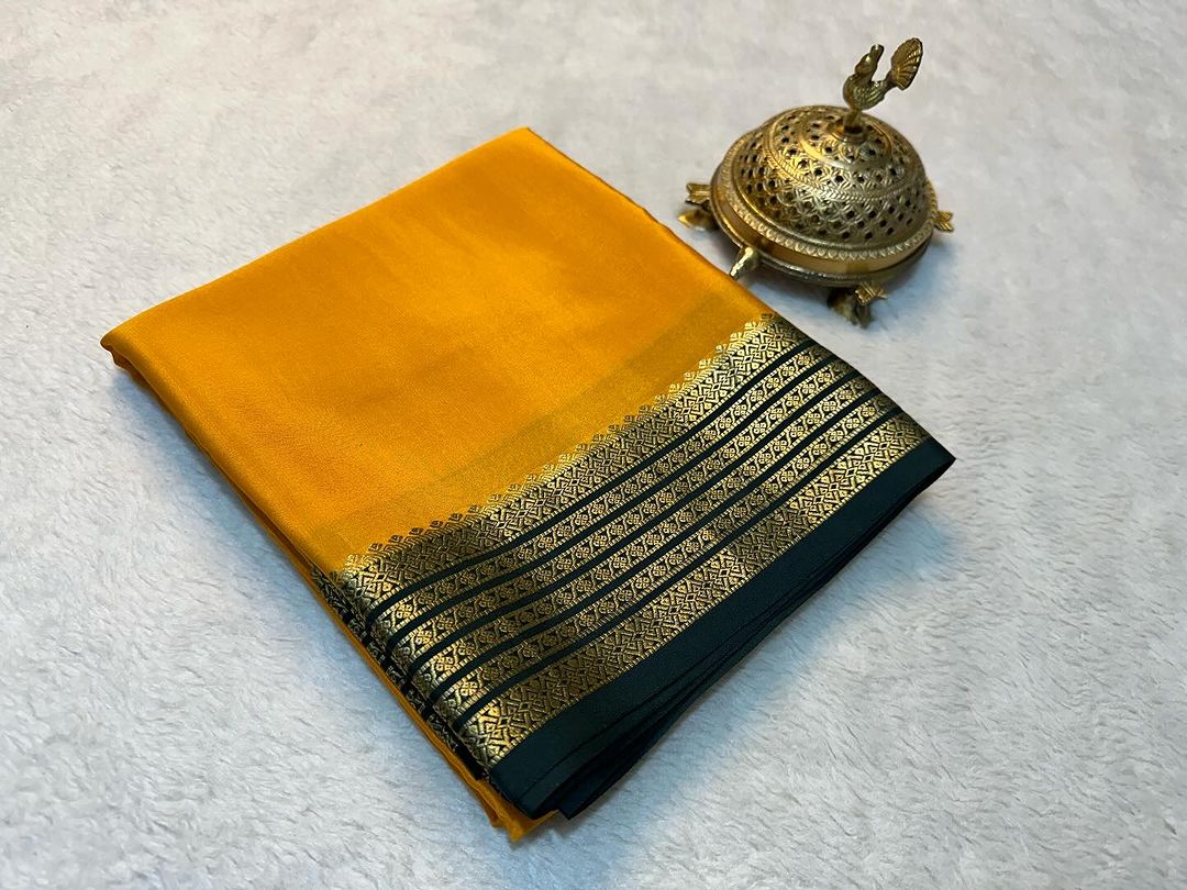 Exclusive Zari Border Yellow Colour Plain Mysore Silk Saree.
