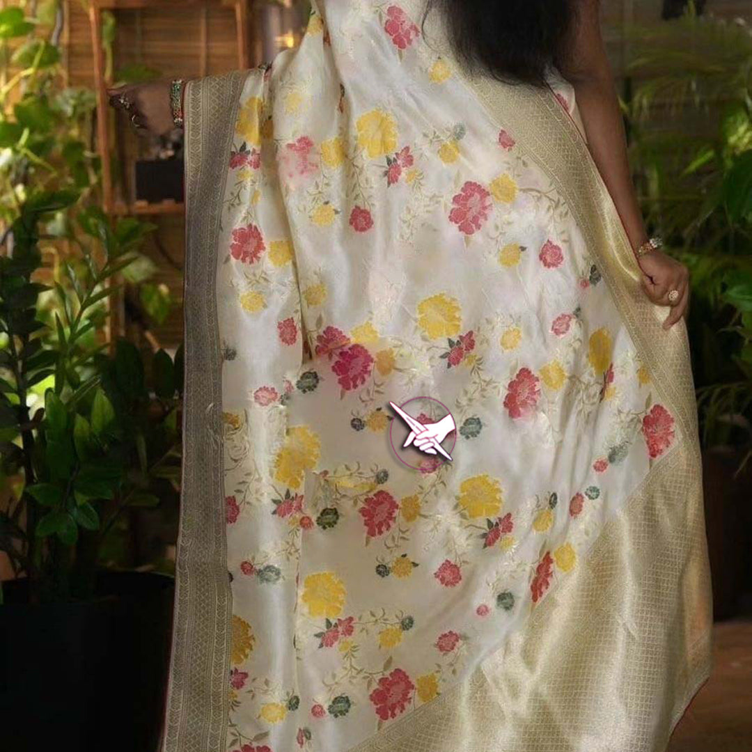 Beautiful Beige Handloom Fancy Pattu Silk Saree With Heritage Touch