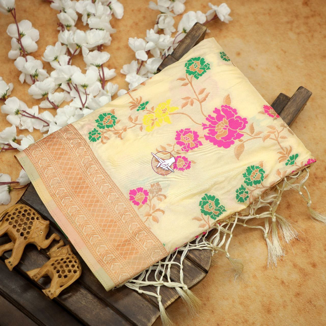 Beautiful Beige Handloom Fancy Pattu Silk Saree With Heritage Touch