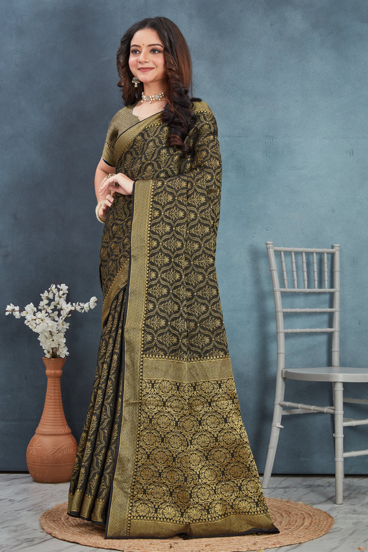 Black Mysore Soft Silk Saree With Golden Zari