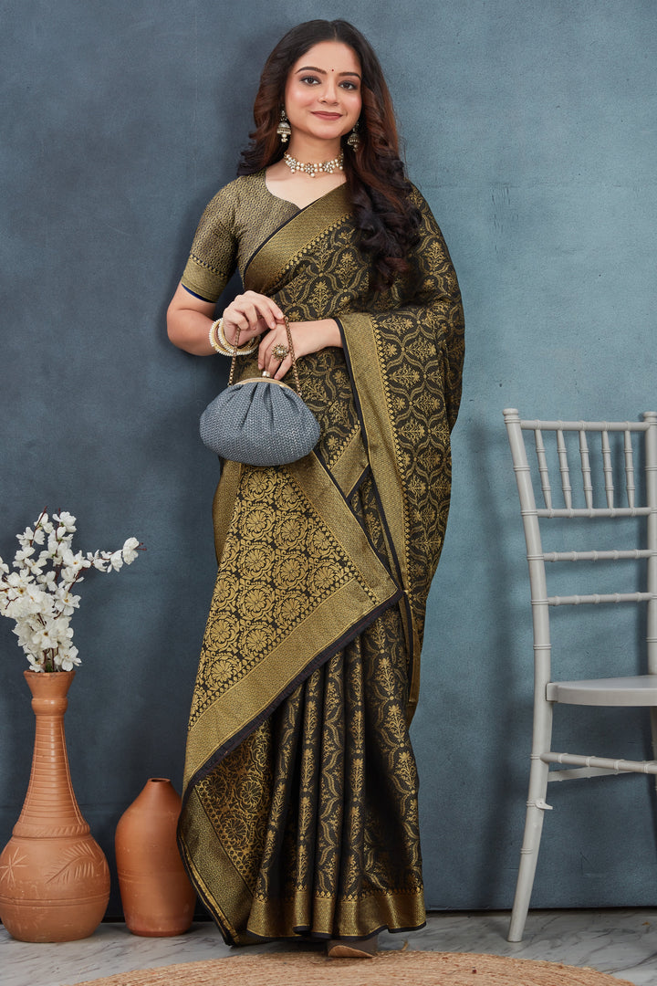 Black Mysore Soft Silk Saree With Golden Zari