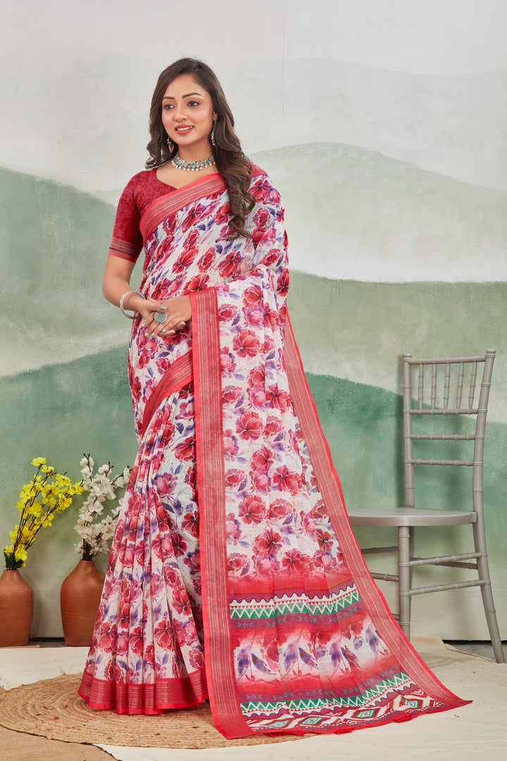 Red Printed Linen Casual Saree With Contrasting Zari Border