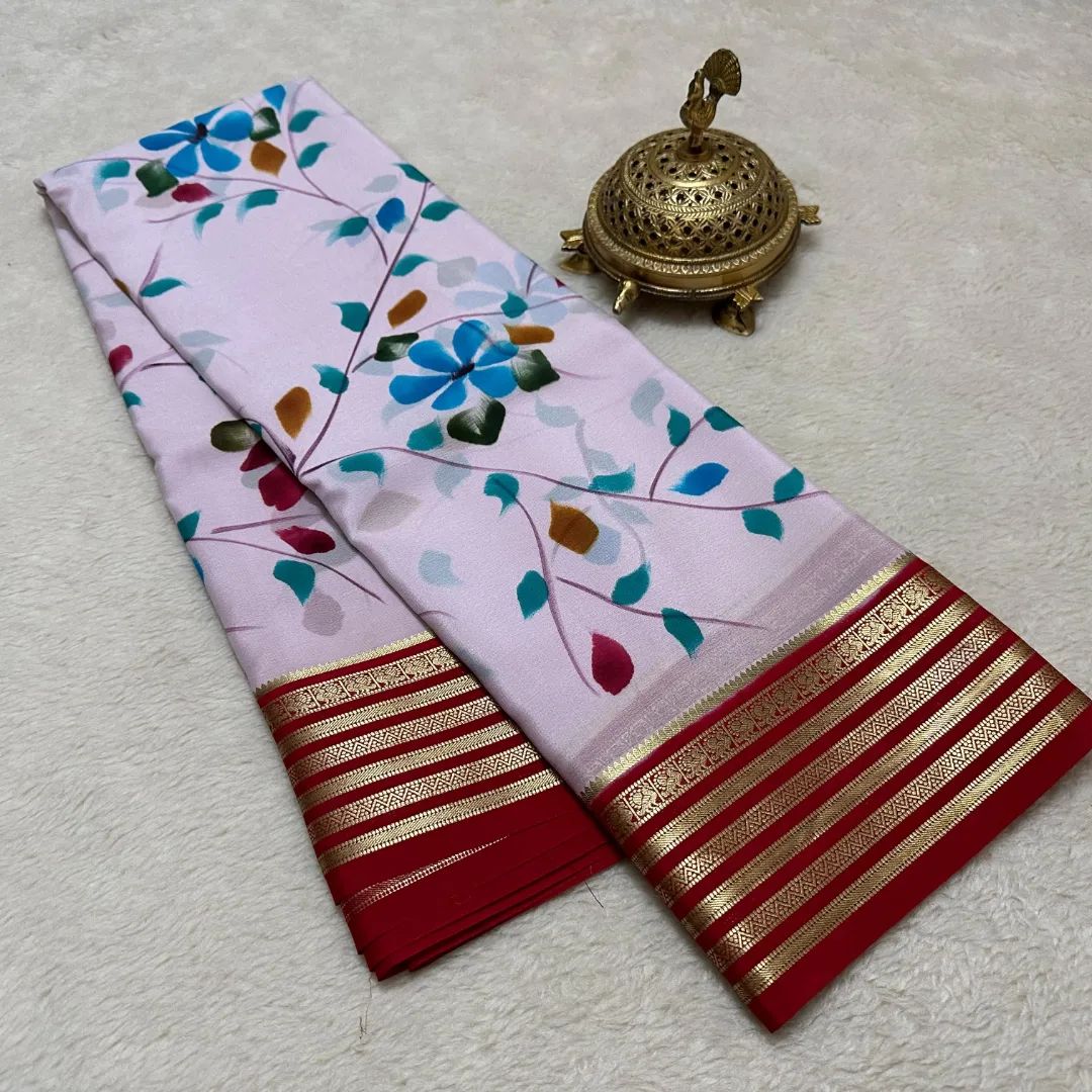 Authentic Pure Crepe Mysore Saree With Modern Digital Design And Classic Zari Border