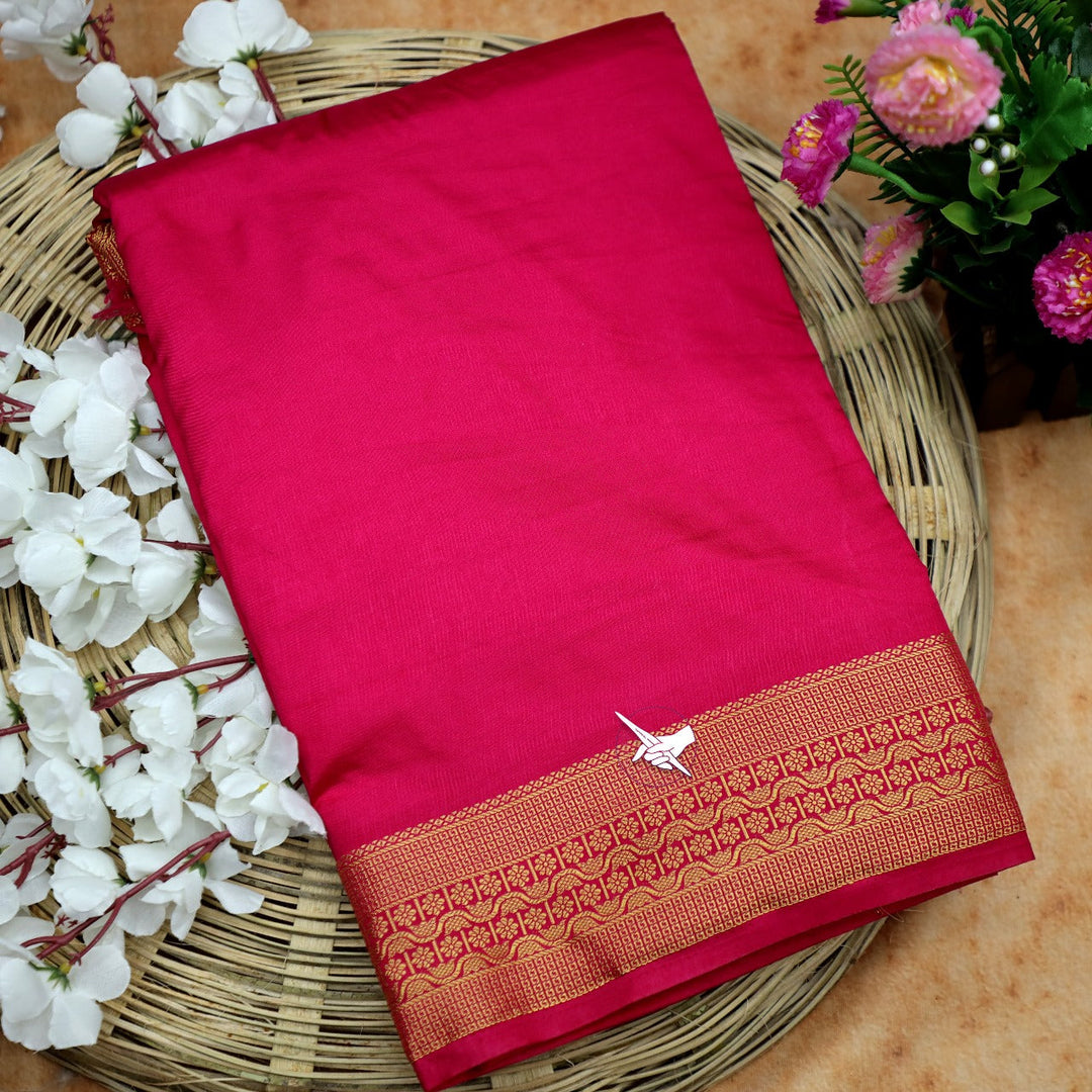 Classy Mysore Soft Silk Plain Saree Red With Golden Zari Border Blouse Material