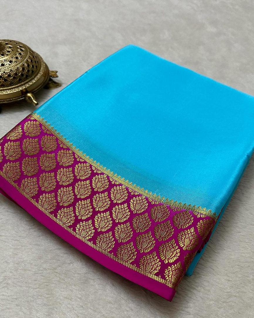 Exclusive Zari Border Blue With Pink Colour Plain Mysore Silk Saree.