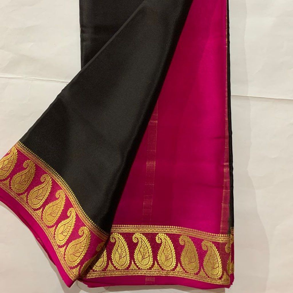 Exclusive Zari Border Black nd Purple Colour Plain Mysore Silk Saree.