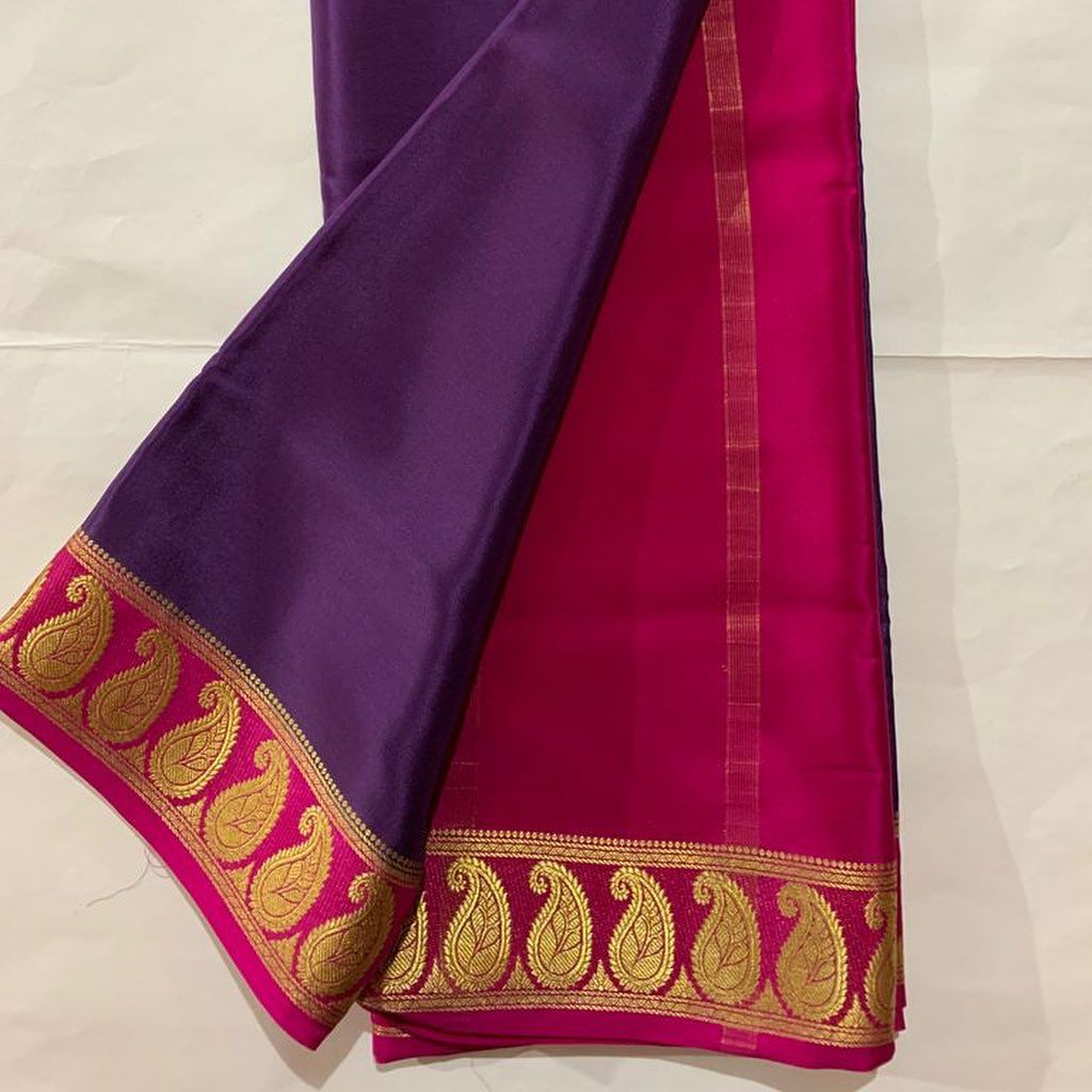 Exclusive Zari Border Purple nd Pink Colour Plain Mysore Silk Saree.