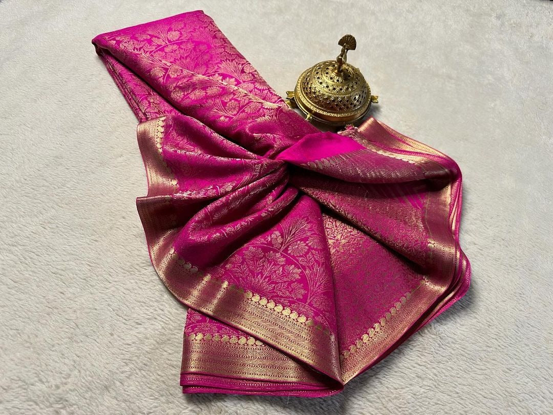 Pink Elegant Mysore Soft Silk Saree with intricate zari.