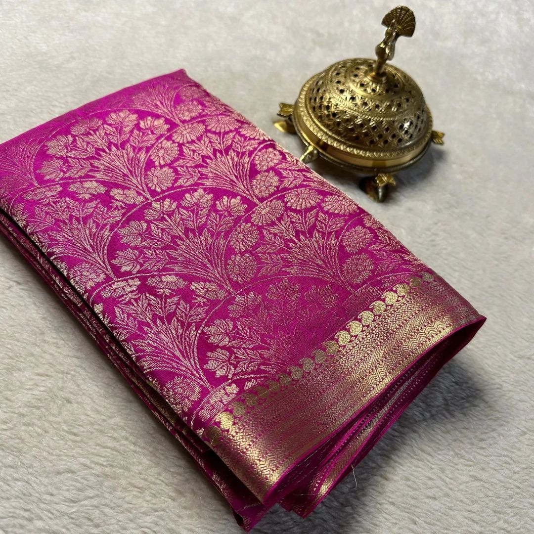 Pink Elegant Mysore Soft Silk Saree with intricate zari.
