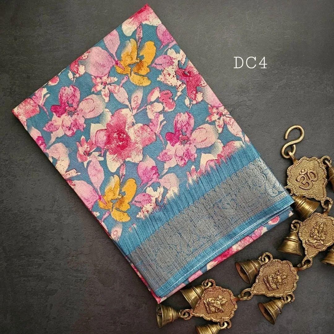 Premium Blue Soft Tussar Silk Saree Digital Printed And Zari Border Work