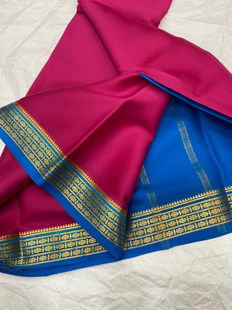 Mesmerizing Pink And Blue Soft Semi Mysore Saree With Handwoven Traditional Zari Work