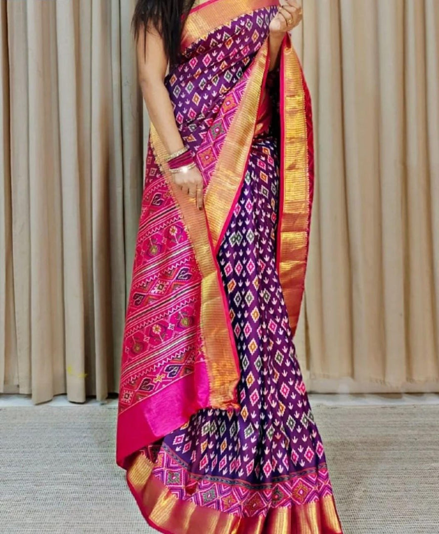 Trendy Purple And Pink Digital Printed Viscose Tarpan Silk Saree For Festive Wear