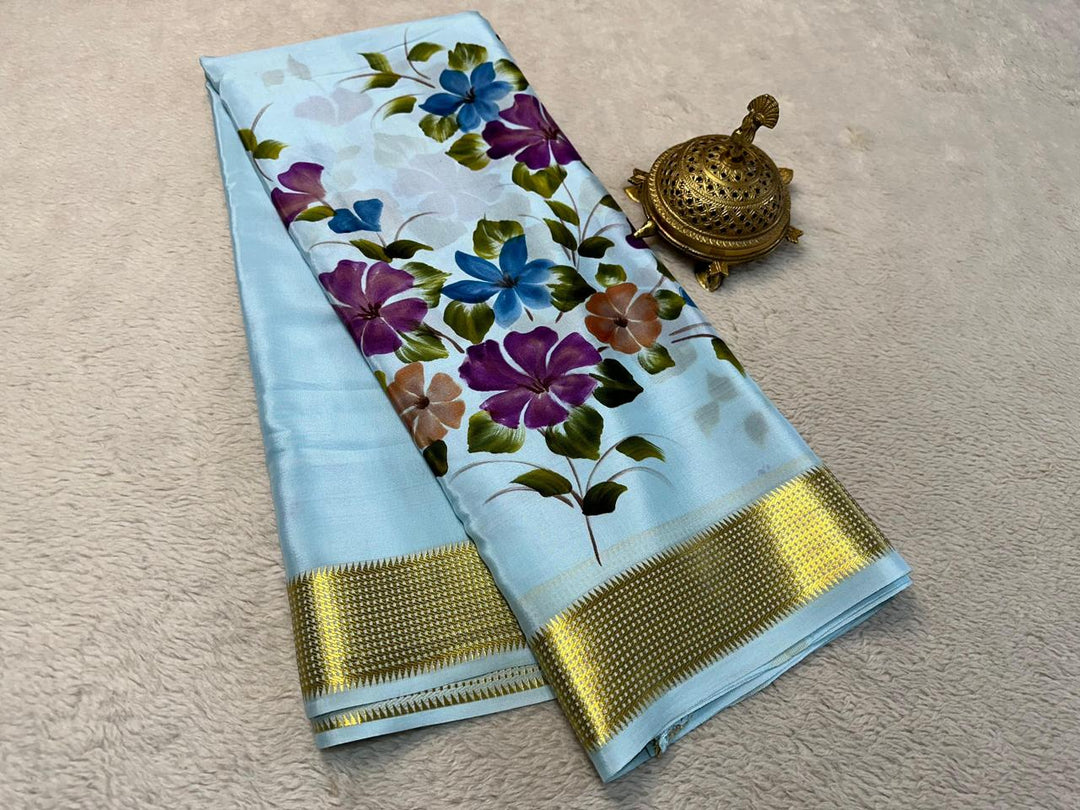 GORGEOUS Printed Mysore silk sarees in beautiful, kalamkari prints!