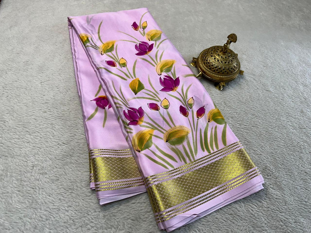 GORGEOUS Printed Mysore silk sarees in beautiful, kalamkari prints!