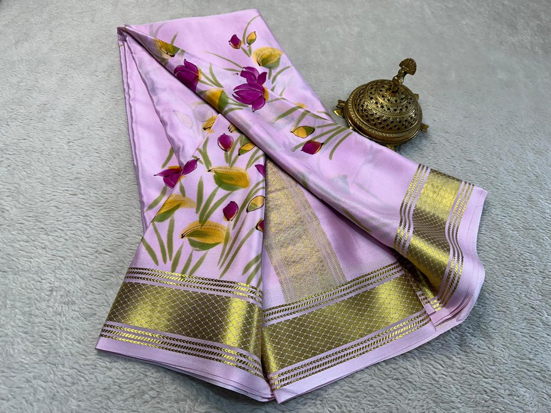 GORGEOUS Printed Mysore silk sarees in beautiful, kalamkari prints!