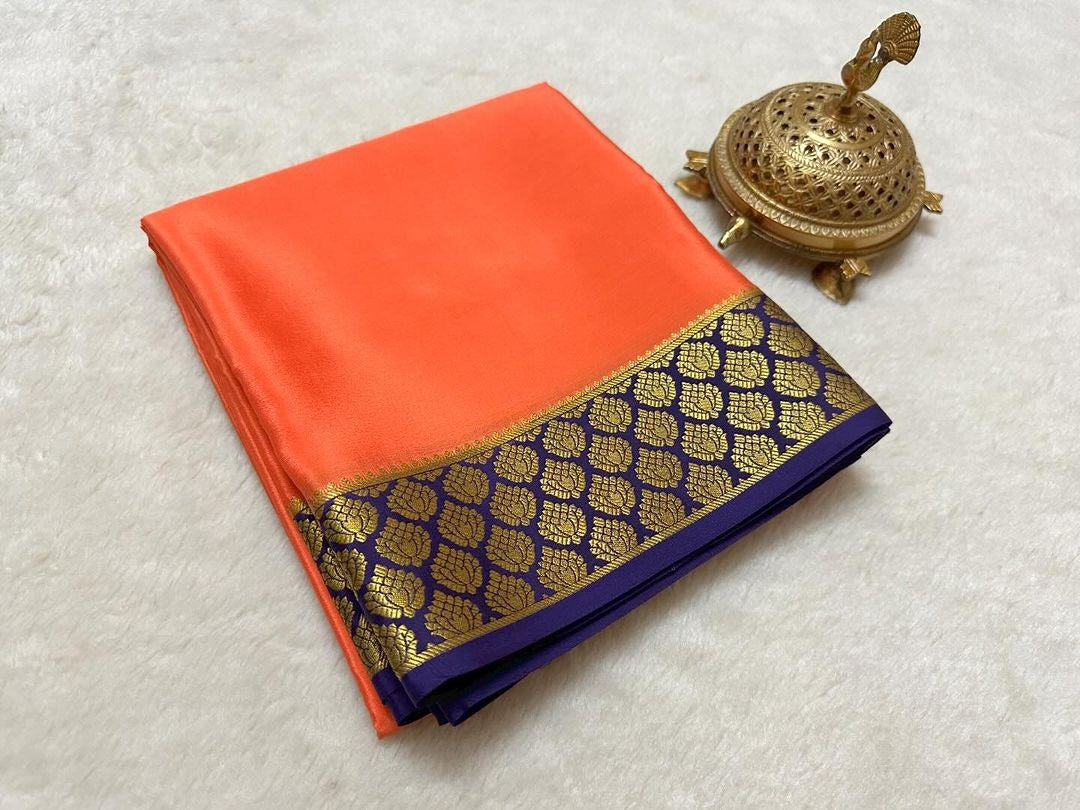 Elegant Orange And Navy Blue Traditional Soft Silk Saree With Semi Mysore Finish And Zari Work
