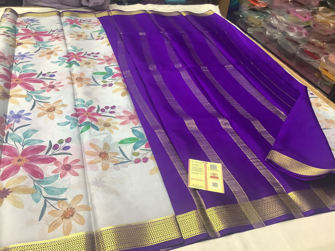 Royal Purple And White Semi Mysore Soft Silk Saree Featuring Classic Zari Detailing