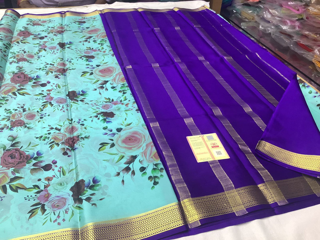 GORGEOUS Printed Mysore silk sarees in beautiful, kalamkari prints!