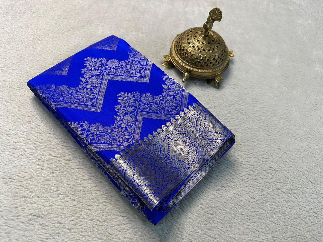 Traditional South Indian Saree In Blue Mysore Silk With Zari Weaving