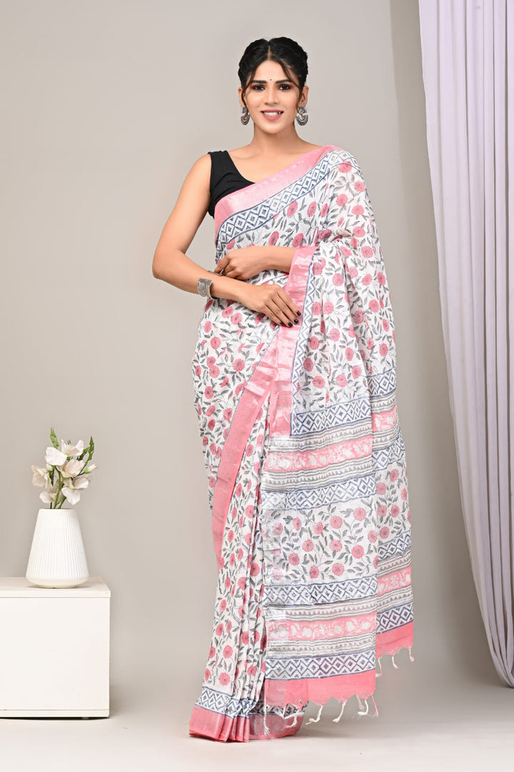 Refined Traditional Saree Printed Pure Linen With Zari Highlights