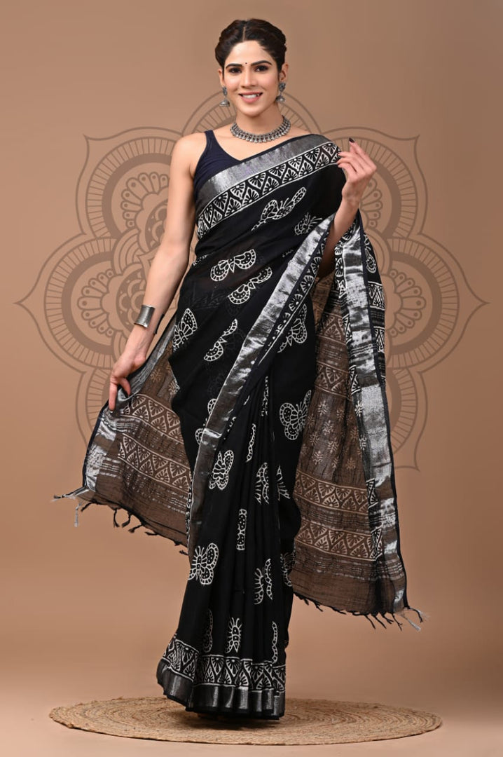Graceful Printed Saree In Pure Linen Traditional Zari Work
