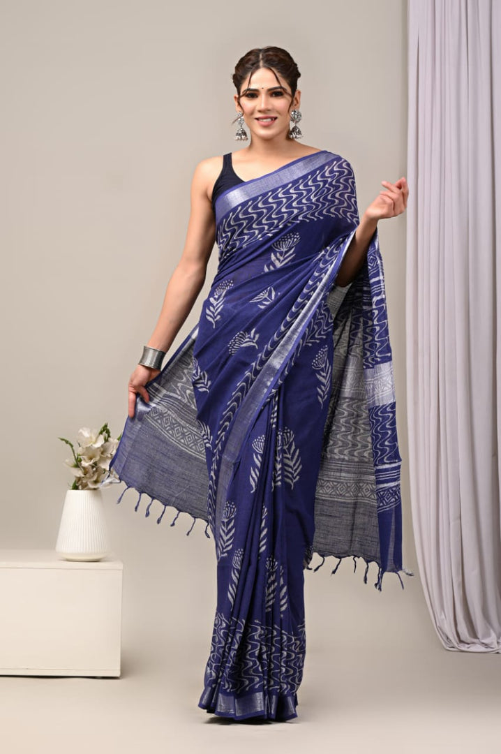 Timeless Pure Linen Saree Printed Simplicity With Traditional Zari