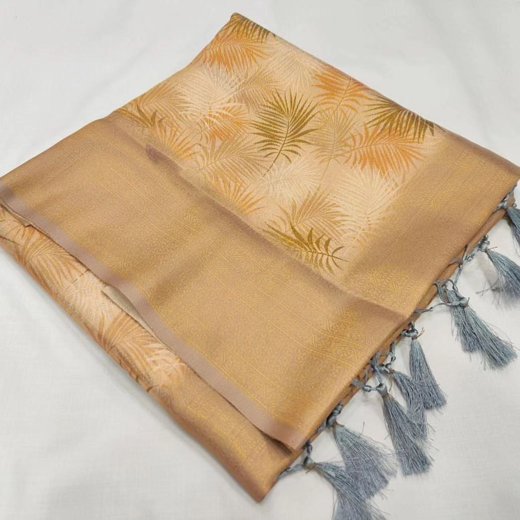 Eye Catching Beige Soft Silk Saree With Digital Designs And Kubera Pattu Influence