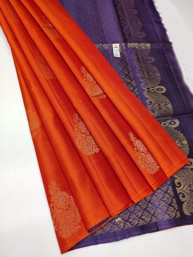 Designer Orange And Deep Purple Silk Saree With Premium Weaving Motifs And Borders