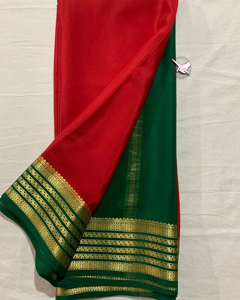 Floral Zari Border Red nd Green Colour Plain Mysore Silk Saree.