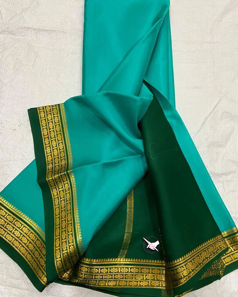 Floral Zari Border Blue nd Green Colour Plain Mysore Silk Saree.