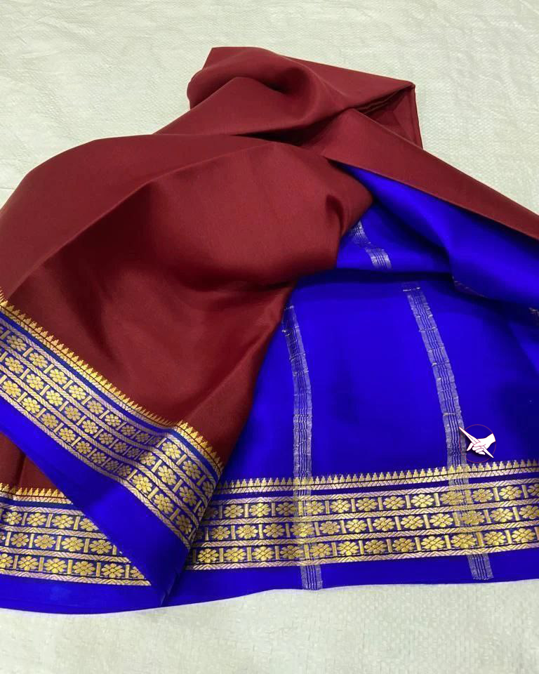 Beautiful Festive Wear Saree Red And Blue Mysore Silk Zari Border And Fancy Blouse