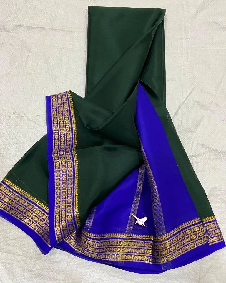 Exclusive Zari Border Green nd Blue Colour Plain Mysore Silk Saree.