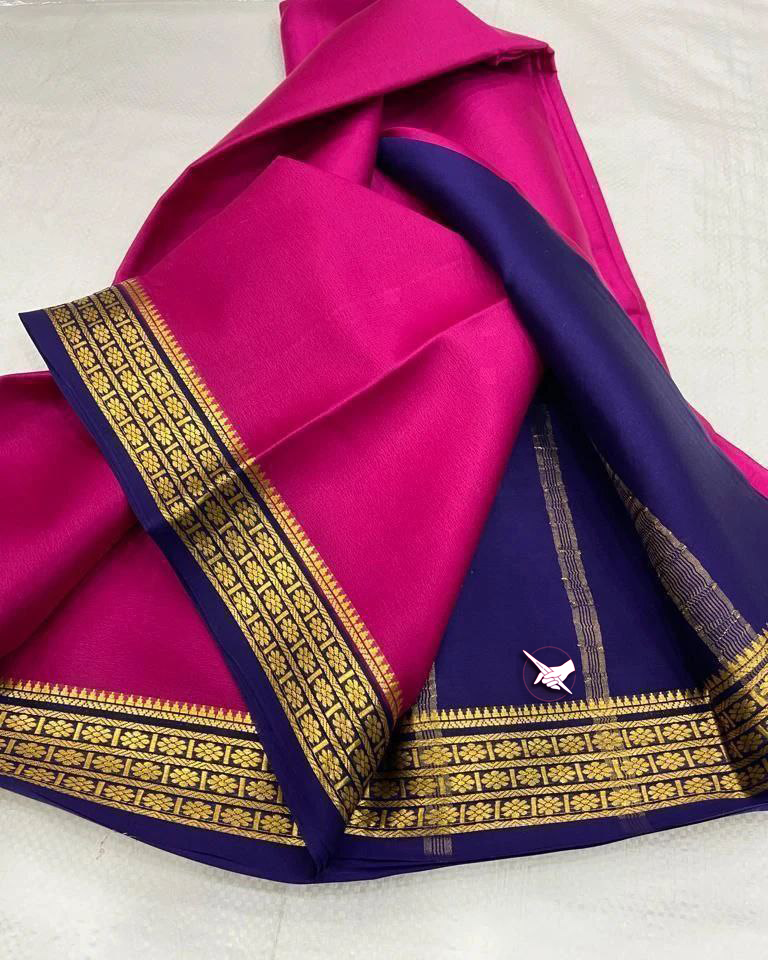 Exclusive Zari Border Nevy blue nd Pink Plain Mysore Silk Saree.