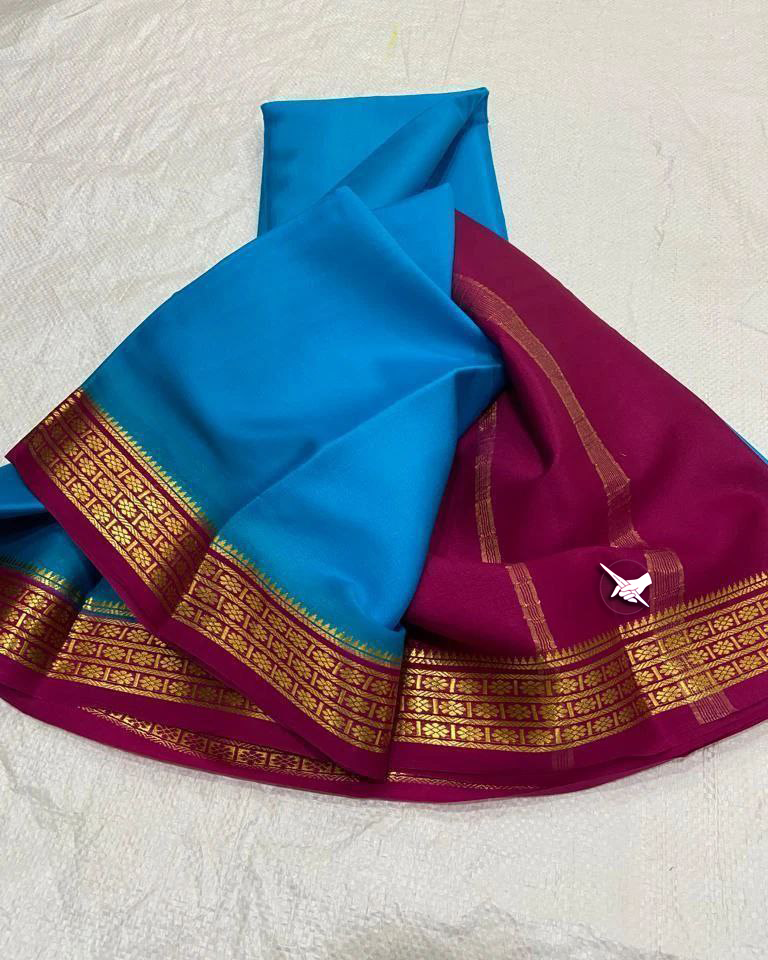 Exclusive Zari Border Rama nd Pink Colour Semi Mysore Silk Saree.