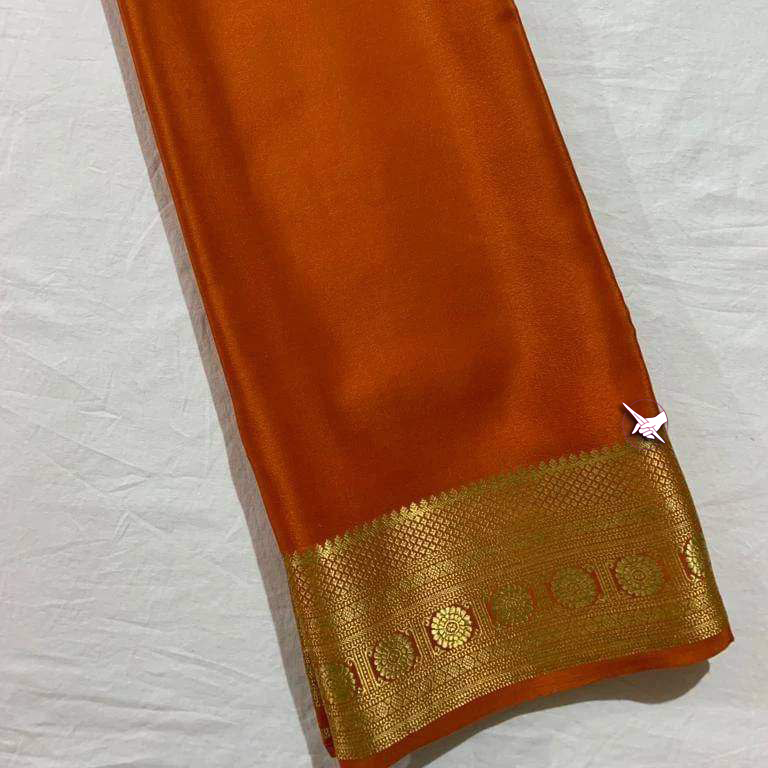 Classic Plain Mysore Soft Silk Saree In Orange With Rich Zari Edging